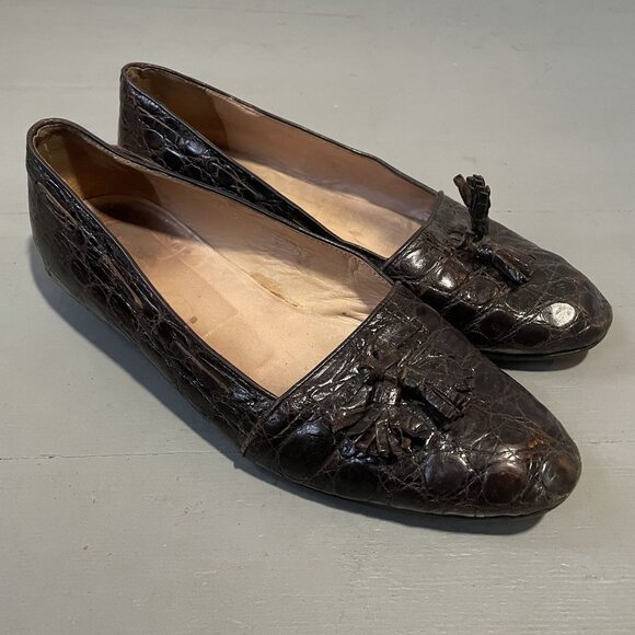 Ralph Lauren Womens Brown Crocodile Leather Loafers With Tassel Detail Size 10 - Picture 1 of 7
